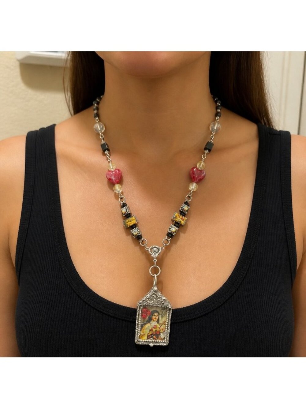 St. Teresa Shadow Box Pendant Necklace | Tiny Canvas & Crystal Beads | Alma Anti